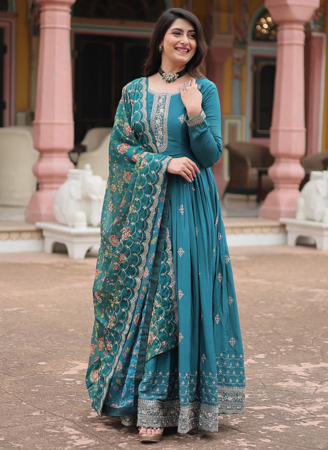 Chinnon Rama Party Wear Embroidery Work Readymade Gown With Dupatta